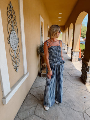 Breezy Plaid Navy Jumpsuit