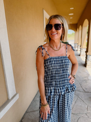 Breezy Plaid Navy Jumpsuit
