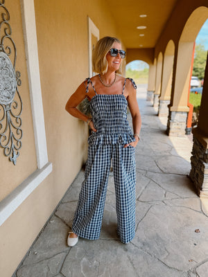 Breezy Plaid Navy Jumpsuit