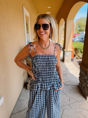 Breezy Plaid Navy Jumpsuit