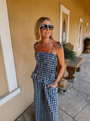 Breezy Plaid Navy Jumpsuit