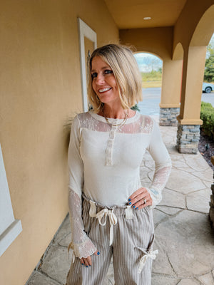 Yoke Mixed Lace Top - Cream