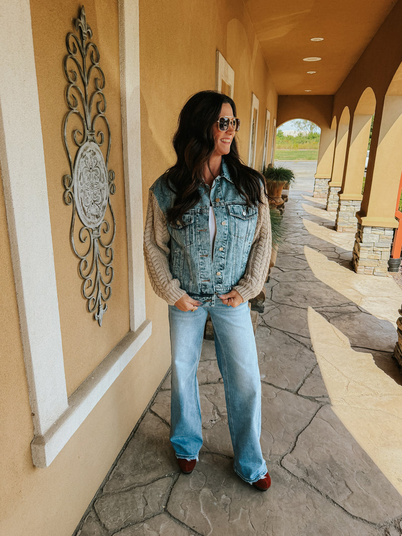 Cozy Up Knit Sleeve Denim Jacket