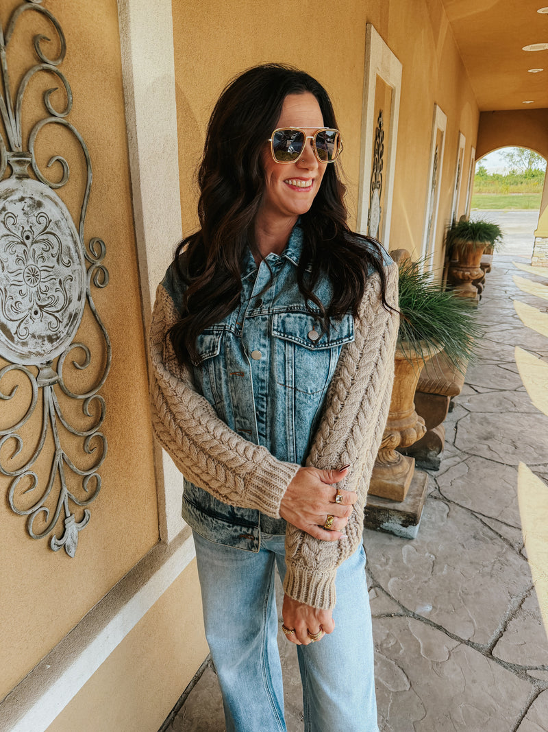 Cozy Up Knit Sleeve Denim Jacket