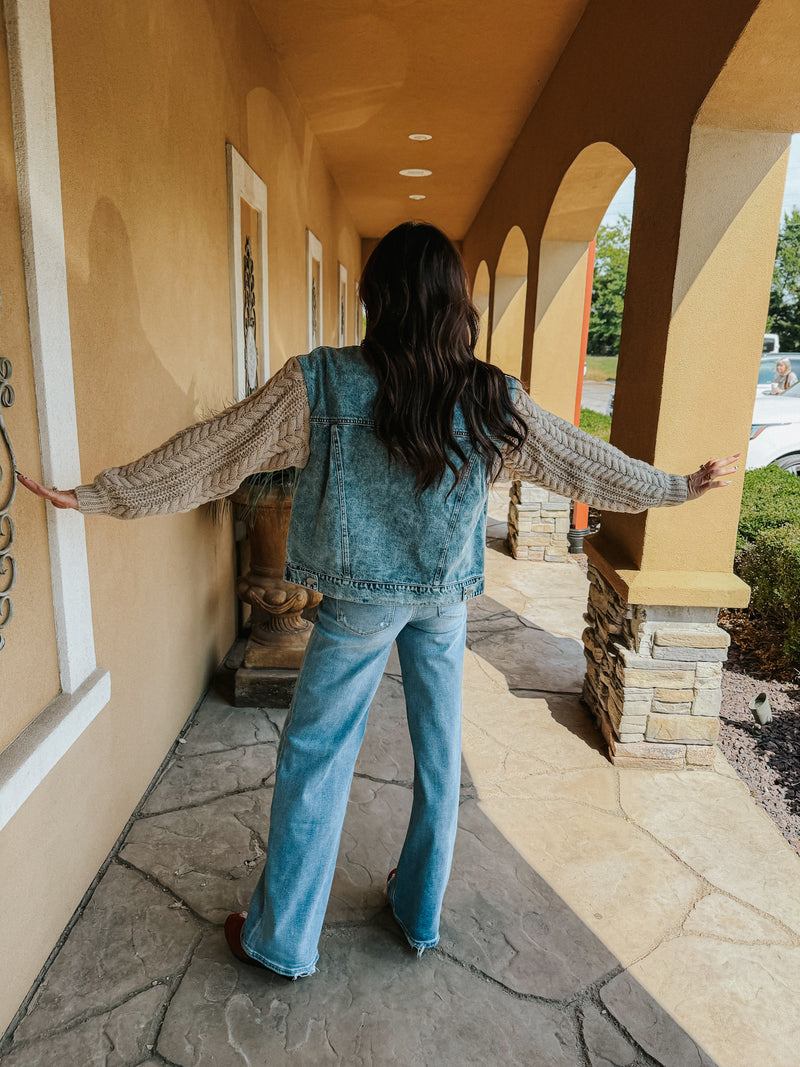 Cozy Up Knit Sleeve Denim Jacket