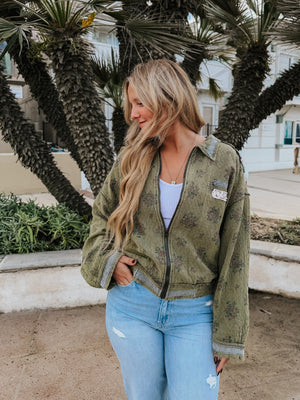 Quilted Olive Floral Bomber Jacket