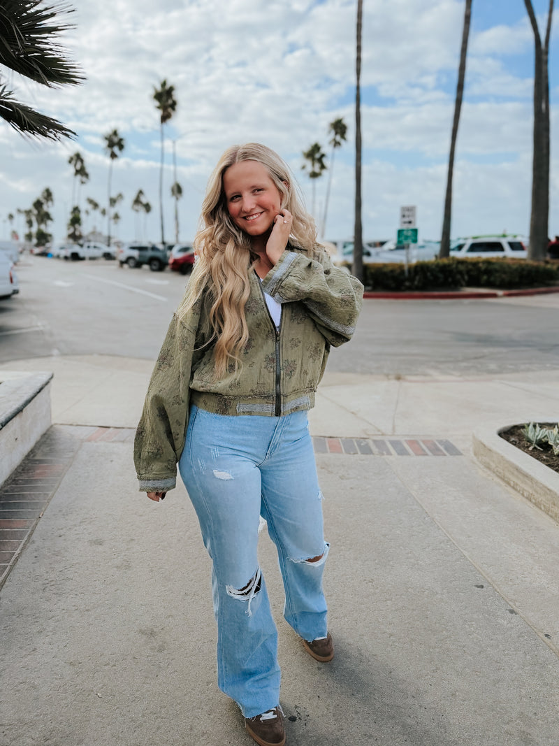 Quilted Olive Floral Bomber Jacket