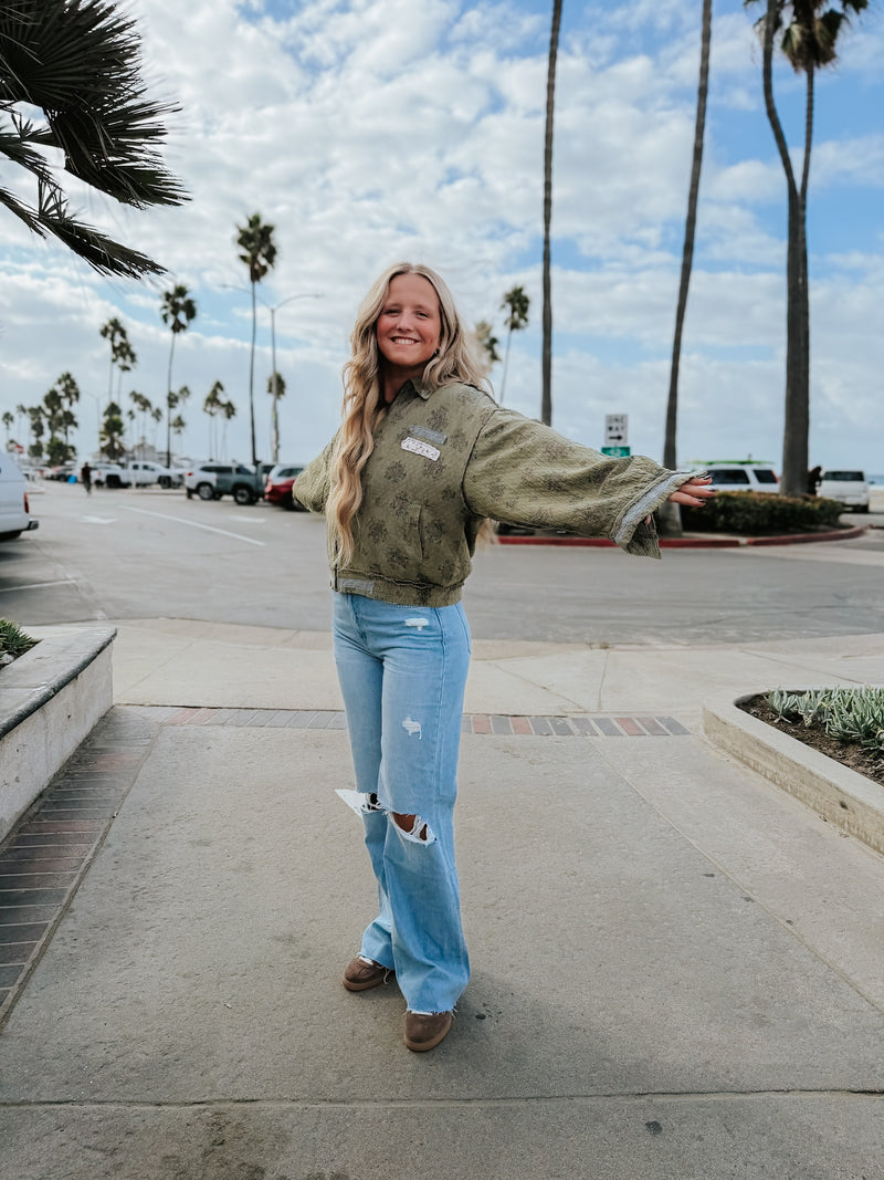Quilted Olive Floral Bomber Jacket