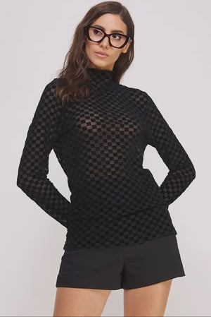Black Checkmate Log Sleeve Top
